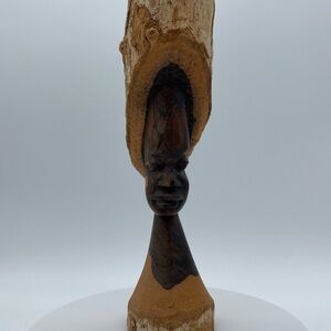 Hand-Carved African Woman Bust - Natural Hard Wood w/Bark Headdress 7"